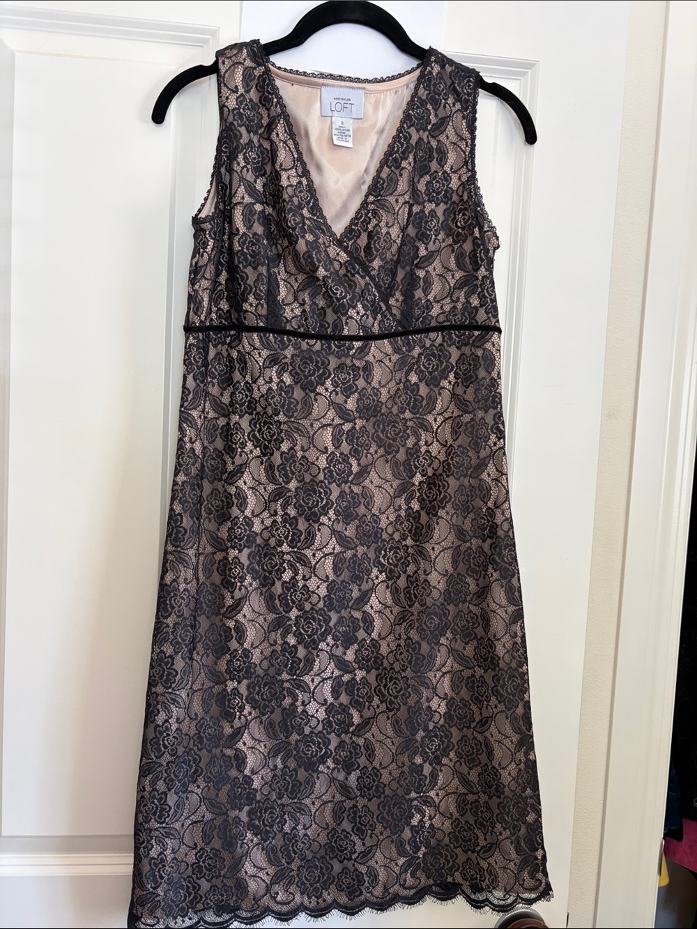 Ann Taylor LOFT Lace Overlay V-Neck Dress in Blush and Black